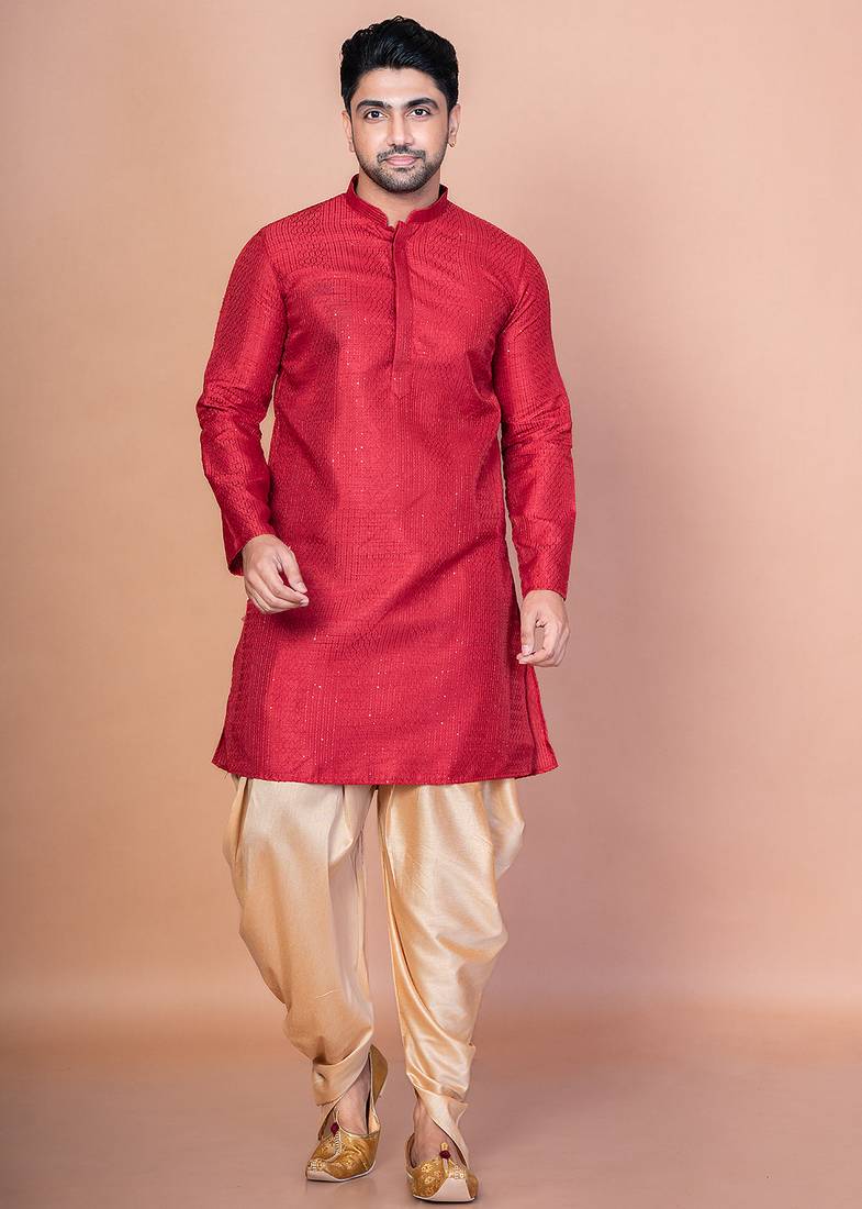 Red bangalorian silk kurta for men with embroidery work