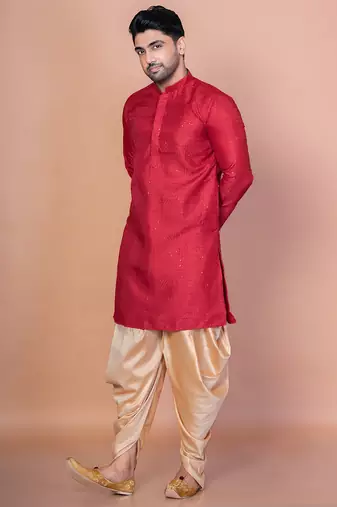 Red bangalorian silk kurta for men with embroidery work