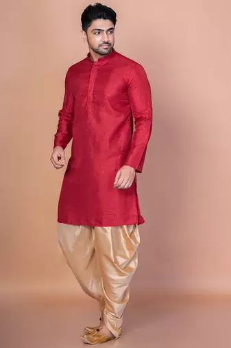 Red bangalorian silk kurta for men with embroidery work