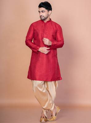 Red bangalorian silk kurta for men with embroidery work 5