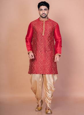 Red banarasi silk kurta for men with embroidery work 1