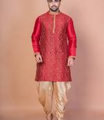 Red banarasi silk kurta for men with embroidery work