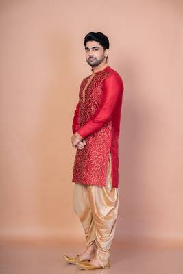 Red banarasi silk kurta for men with embroidery work 2