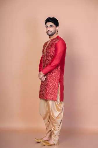 Red banarasi silk kurta for men with embroidery work