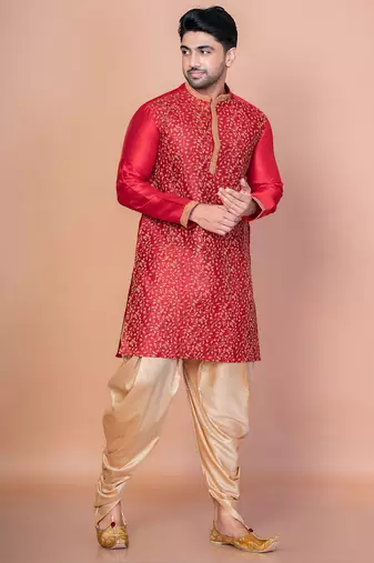 Red banarasi silk kurta for men with embroidery work