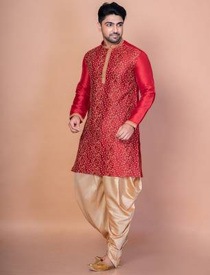 Red banarasi silk kurta for men with embroidery work 5