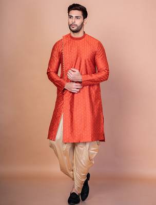 Orange banarasi silk kurta for men with printed design 1