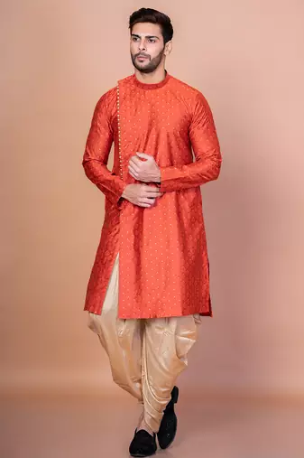Orange banarasi silk kurta for men with printed design