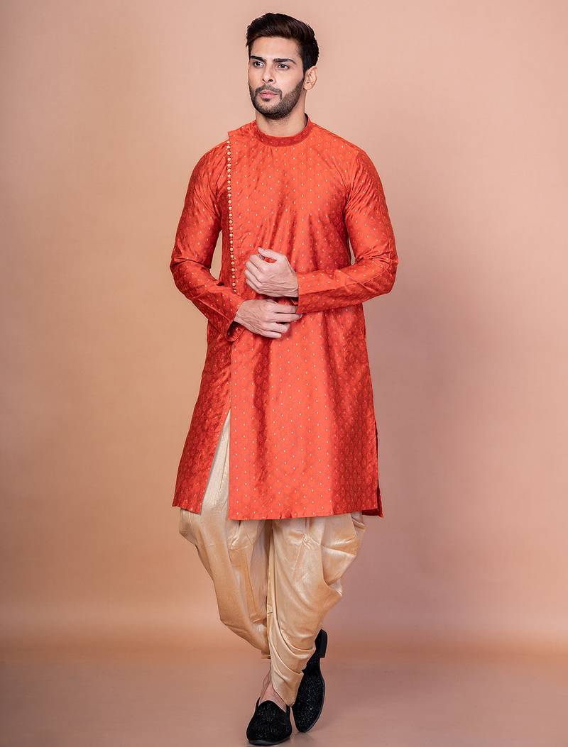 Orange banarasi silk kurta for men with printed design