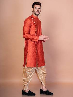 Orange banarasi silk kurta for men with printed design 2