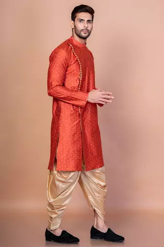 Orange banarasi silk kurta for men with printed design