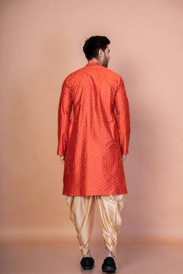 Orange banarasi silk kurta for men with printed design 4