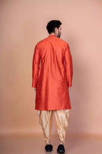 Orange banarasi silk kurta for men with printed design