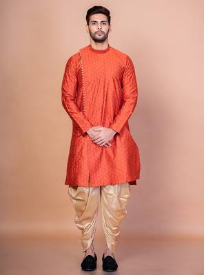 Orange banarasi silk kurta for men with printed design 5