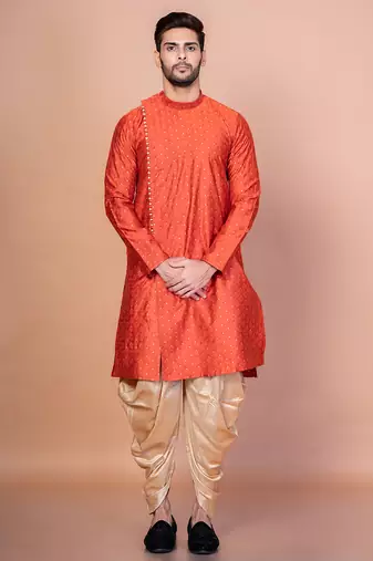 Orange banarasi silk kurta for men with printed design