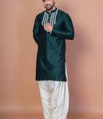 Green cotton blend kurta for men with embellished work