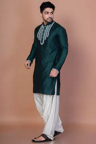 Green cotton blend kurta for men with embellished work