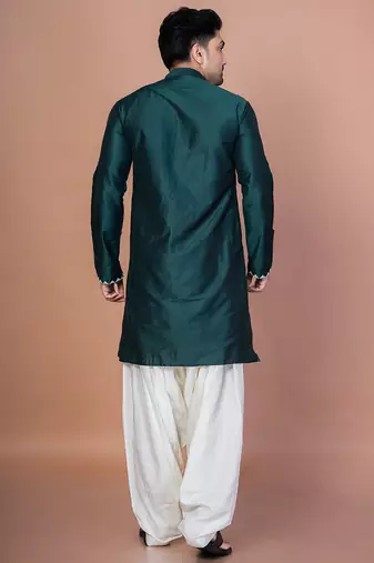 Green cotton blend kurta for men with embellished work