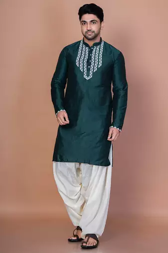 Green cotton blend kurta for men with embellished work