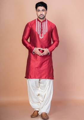 Red cotton blend kurta for men with embellished work 1
