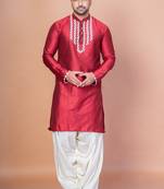 Red cotton blend kurta for men with embellished work