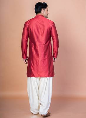 Red cotton blend kurta for men with embellished work 4