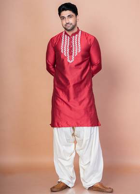 Red cotton blend kurta for men with embellished work 5