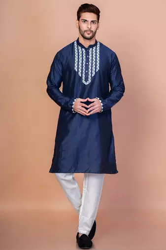 Navy blue cotton blend kurta for men with embellished work