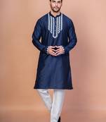 Navy blue cotton blend kurta for men with embellished work