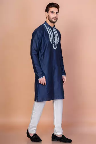 Navy blue cotton blend kurta for men with embellished work