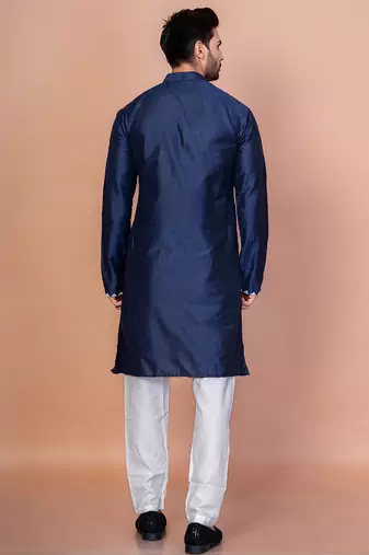 Navy blue cotton blend kurta for men with embellished work