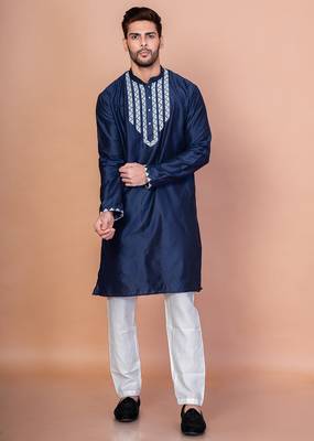 Navy blue cotton blend kurta for men with embellished work 5