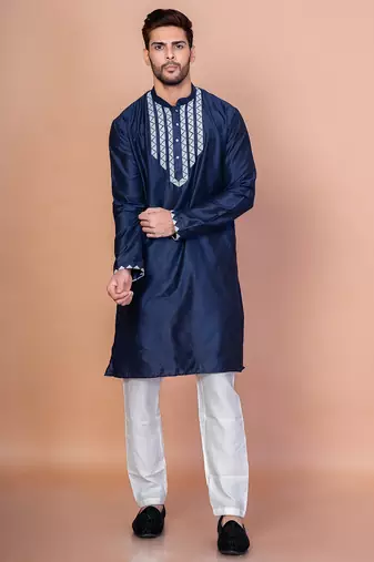 Navy blue cotton blend kurta for men with embellished work