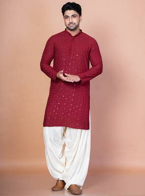 Red cotton blend kurta for men with embroidery work 1