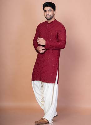 Red cotton blend kurta for men with embroidery work 2