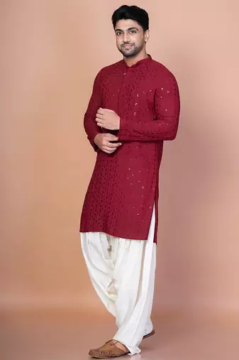 Red cotton blend kurta for men with embroidery work