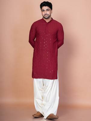 Red cotton blend kurta for men with embroidery work 3