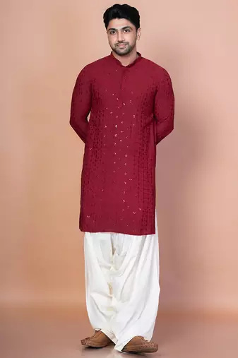 Red cotton blend kurta for men with embroidery work