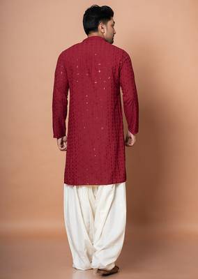 Red cotton blend kurta for men with embroidery work 4