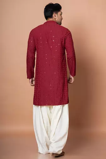 Red cotton blend kurta for men with embroidery work
