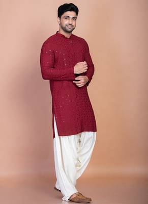 Red cotton blend kurta for men with embroidery work 5