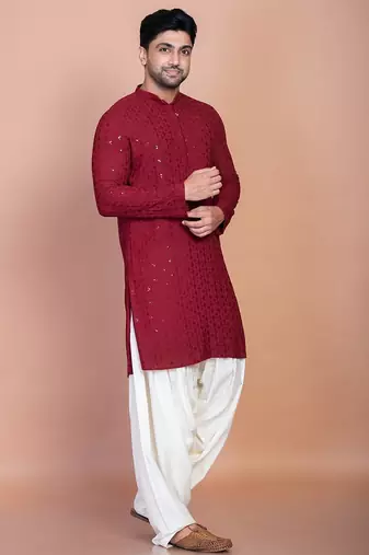 Red cotton blend kurta for men with embroidery work