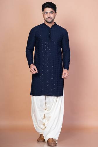 Navy blue cotton blend kurta for men with embroidery work