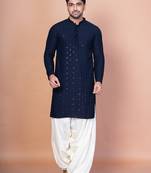 Navy blue cotton blend kurta for men with embroidery work
