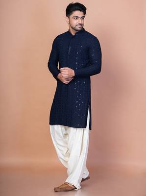 Navy blue cotton blend kurta for men with embroidery work 2
