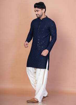 Navy blue cotton blend kurta for men with embroidery work 3