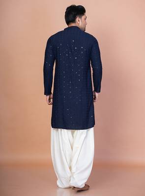 Navy blue cotton blend kurta for men with embroidery work 4