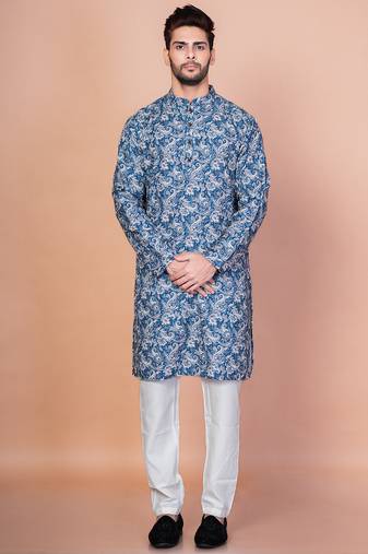 Blue cotton blend kurta for men with printed design