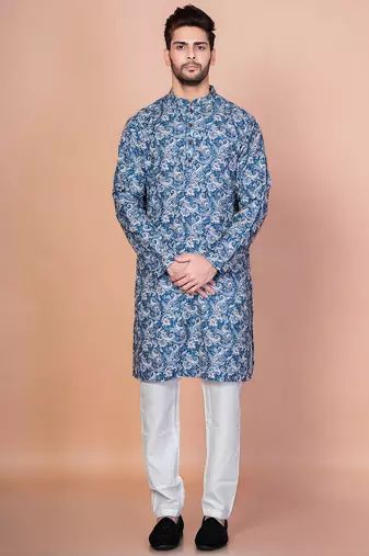 Blue cotton blend kurta for men with printed design