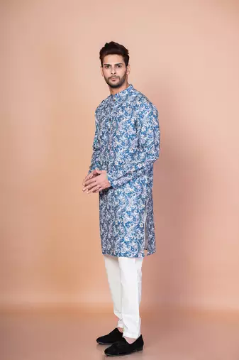 Blue cotton blend kurta for men with printed design
